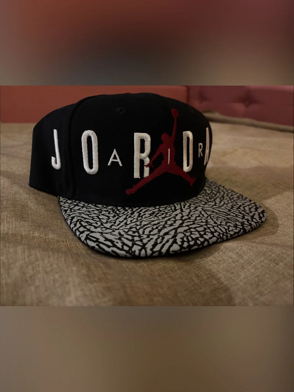 Jordan Black Snapback with Grey Elephant-Print Brim and Red Jumpman